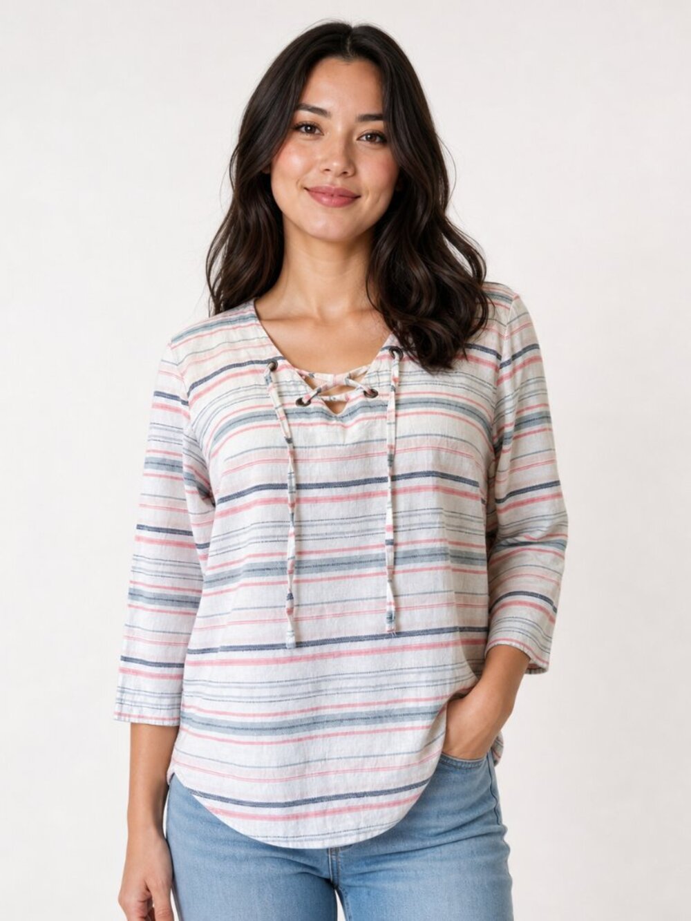 Linen Cotton Top Womens M Striped Lace Up Tunic 3/4 Sleeve Beach Surfer Coastal